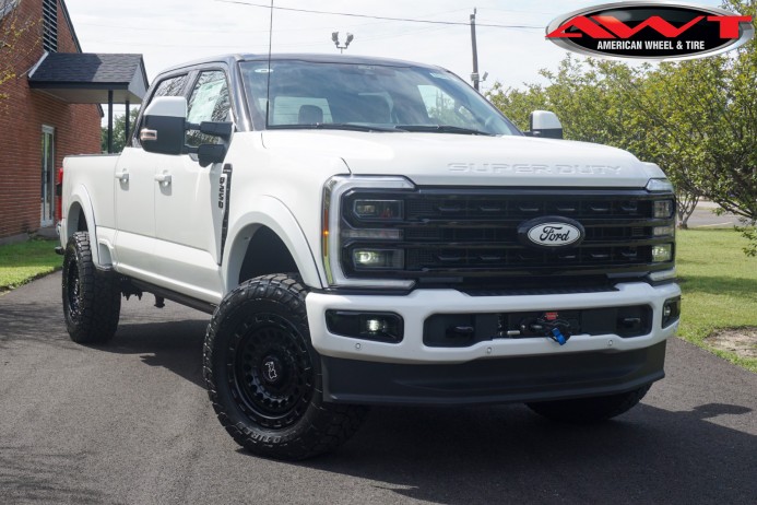 White 2024 Ford F250 with Two Tone Chrome Delete / Blackout on 20" 20x9 Black Rhino Sentinel Wheels & 35" Toyo Open Country A/T III Tires