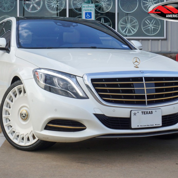 White 2015 Mercedes S550 with Gold Plated Chrome Delete on Custom Powder Coated Wheels & Dual Backseat TV's