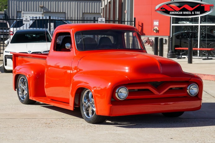 Red 1955 Ford F100 with 17" Staggered Ridler 695 Wheels & Toyo Extensa HP II Tires