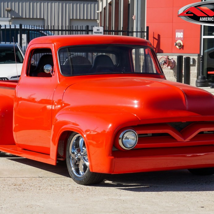 Red 1955 Ford F100 with 17" Staggered Ridler 695 Wheels & Toyo Extensa HP II Tires